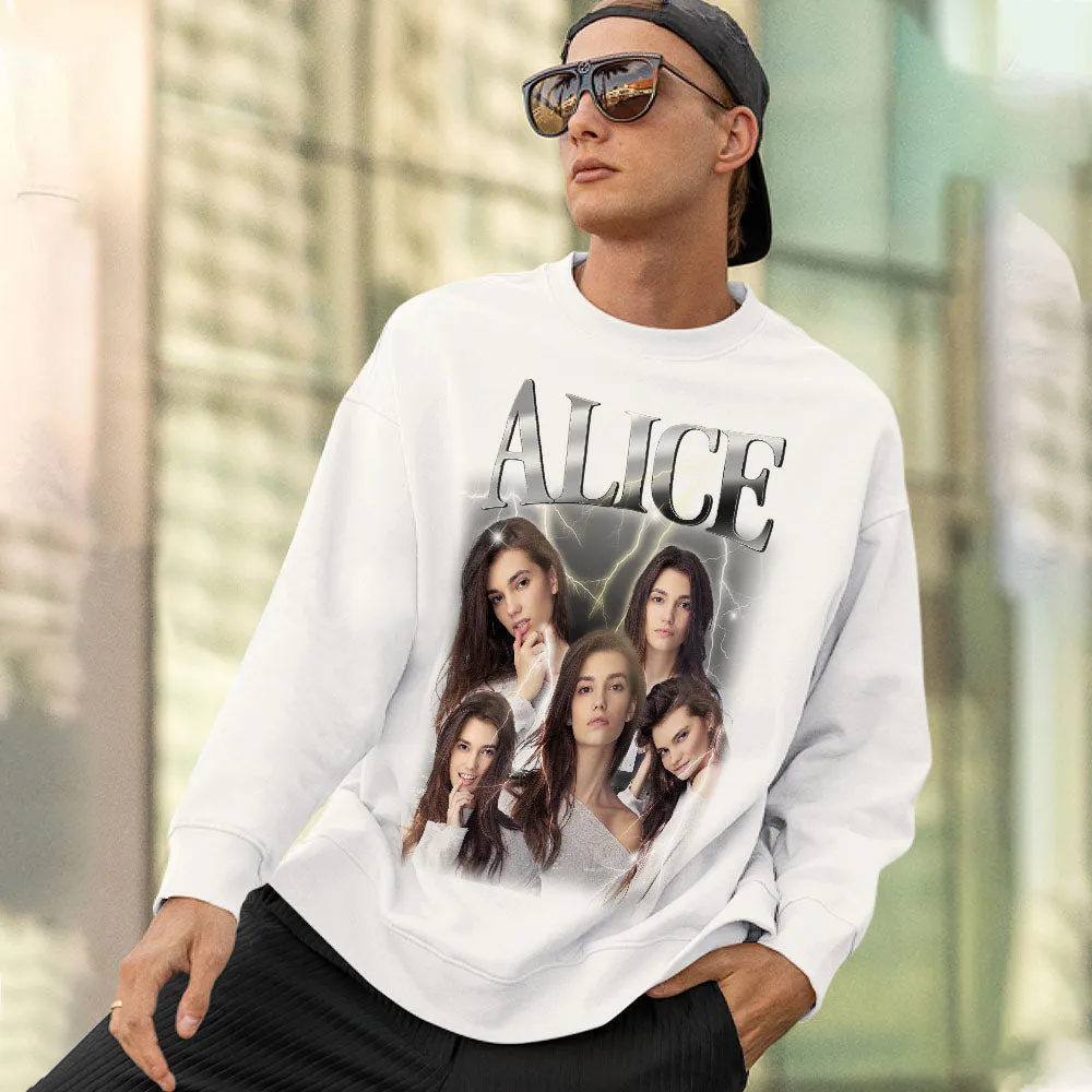 Custom Photo and Text Hoodie Personalised Photo Gift Unisex Personality Vintage Lightning Sweatshirt