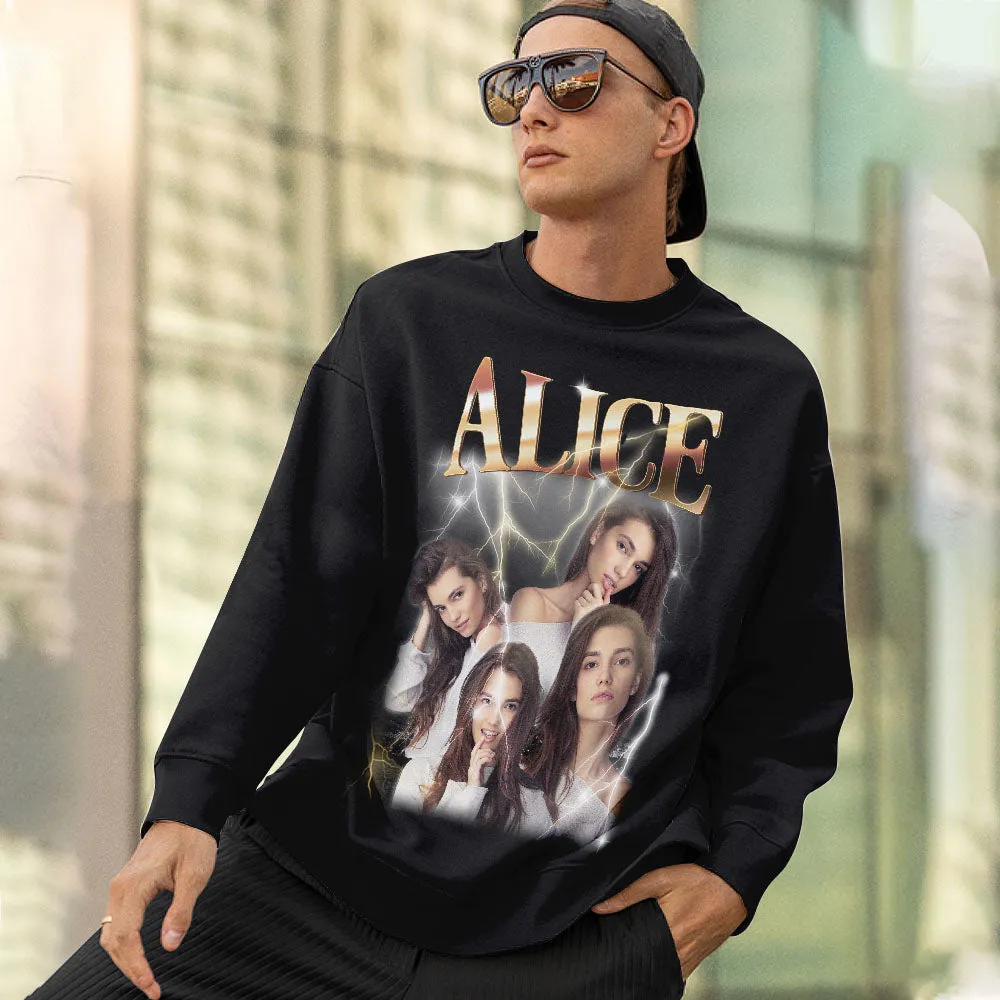 Custom Photo and Text Hoodie Personalised Photo Gift Unisex Personality Vintage Lightning Sweatshirt